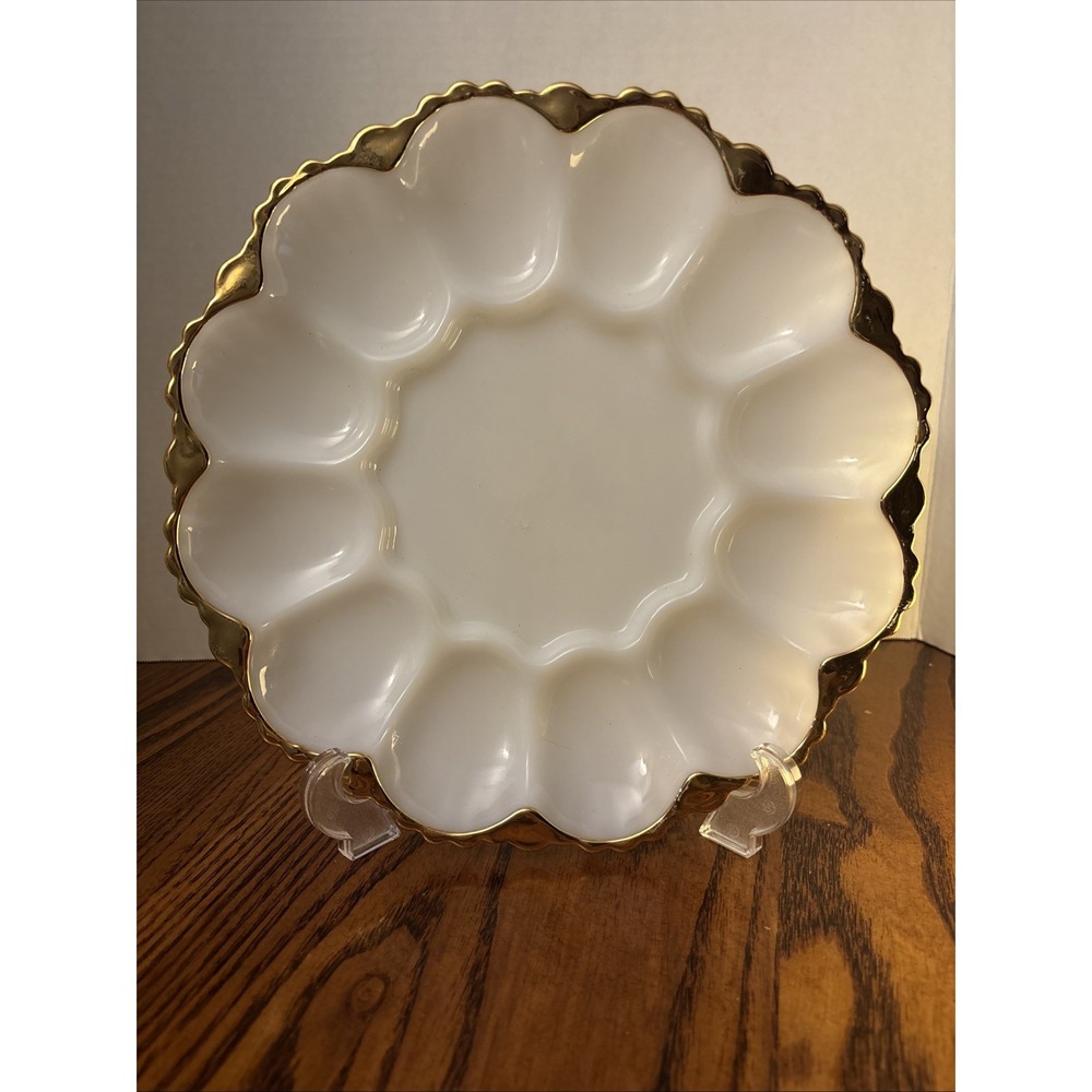 Vintage Anchor Hocking Fire-King 10" White Milk Glass Deviled Egg Plate with 22K
